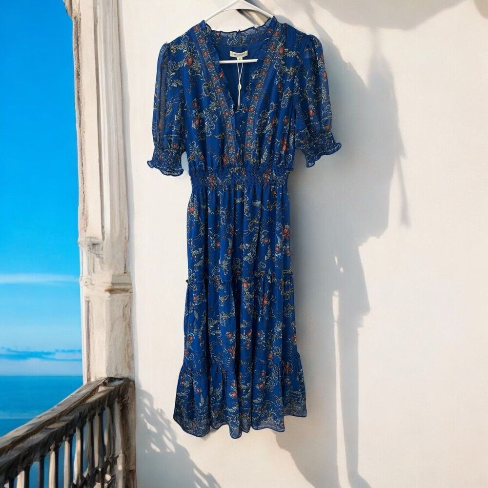 NWT Max Studio Ruffle Floral Print MIDI Maxi Tiered Dress Size M short slve blue